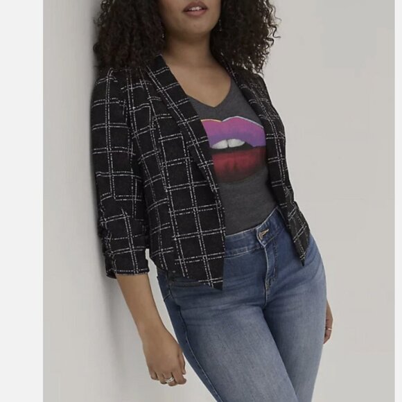 TORRID Blazer sz 2X Black White Plaid Print Blazer Open Front 3/4 Ruched Sleeve - Picture 2 of 12